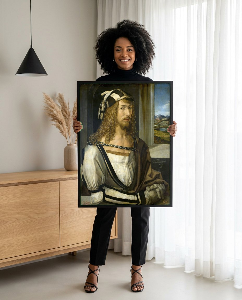 Quadro Decorativo Autorretrato com Paisagem - Albrecht Dürer | modelo apresentando o quadro emoldurado