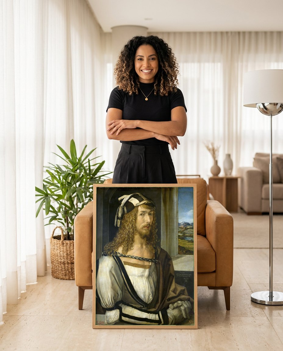 Quadro Decorativo Autorretrato com Paisagem - Albrecht Dürer | modelo apresentando o quadro emoldurado