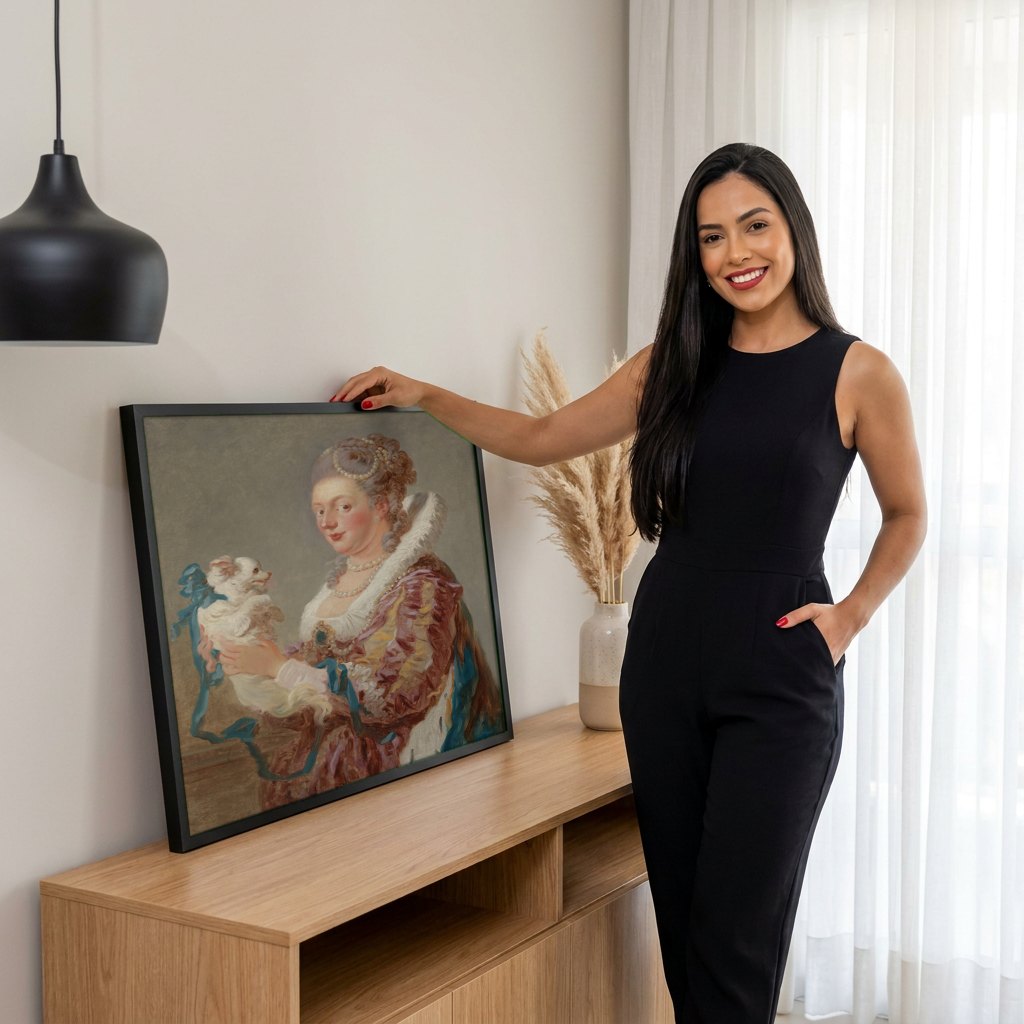 Quadro Decorativo A Dama e o Cao - Fragonard | modelo apresentando o quadro emoldurado