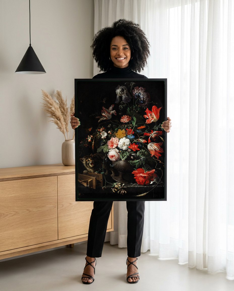 Quadro Decorativo Gato e Natureza-Morta - Abraham Mignon | modelo apresentando o quadro emoldurado