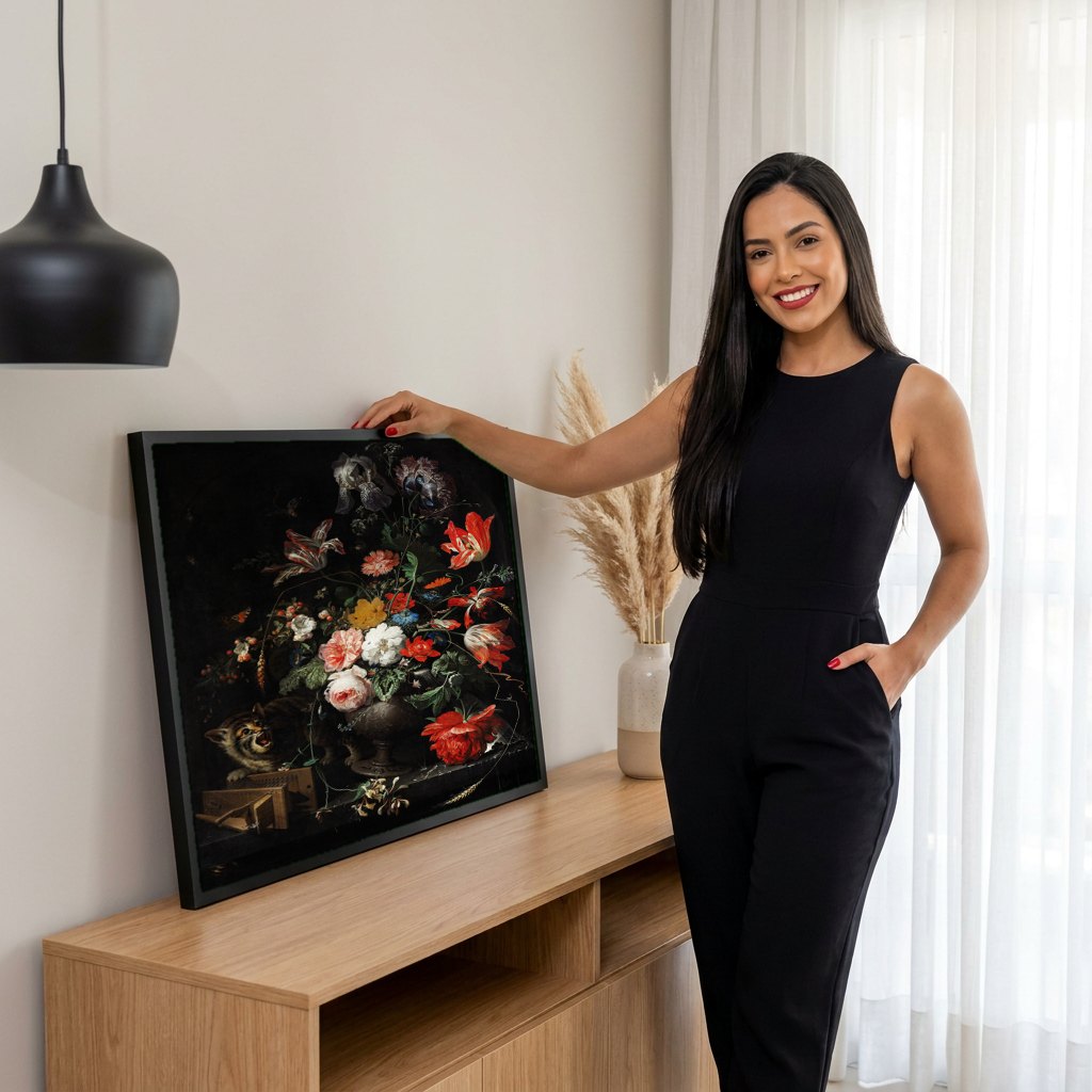 Quadro Decorativo Gato e Natureza-Morta - Abraham Mignon | modelo apresentando o quadro emoldurado