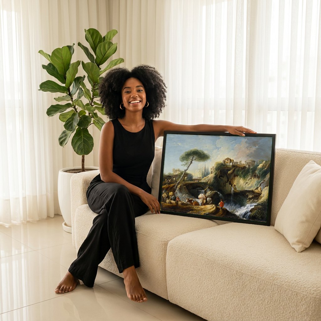 Quadro Decorativo Paisagem com Cachoeira - François Boucher | modelo apresentando o quadro emoldurado