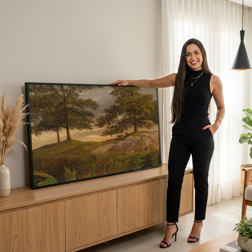 Quadro Decorativo Paisagem com Árvores - Albert Bierstadt | modelo apresentando o quadro emoldurado