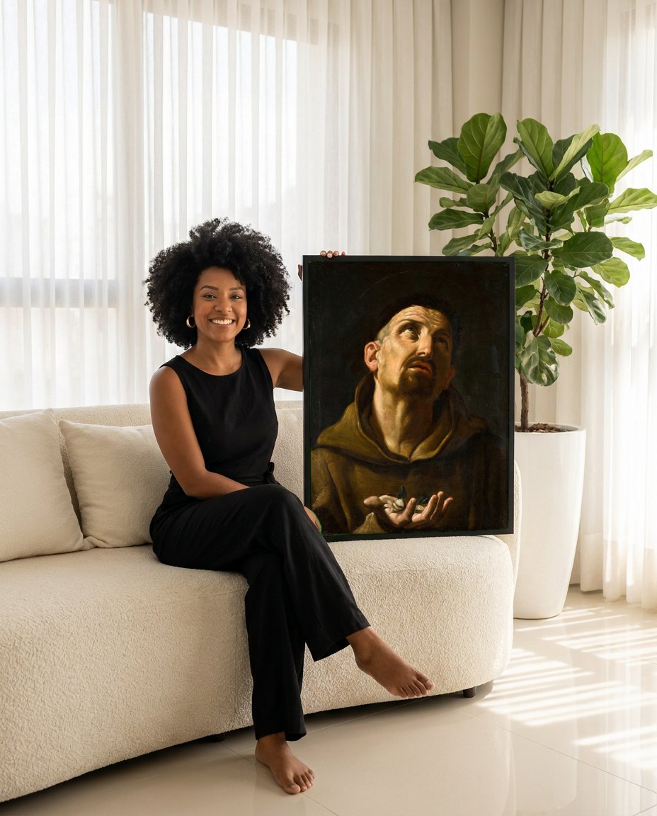 Quadro Decorativo São Francisco em Oração - Guido Reni | modelo apresentando o quadro emoldurado