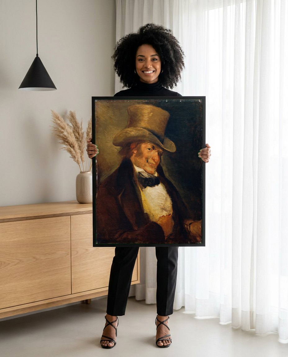 Quadro Decorativo 'O Gargalhada' - Goya | modelo apresentando o quadro emoldurado