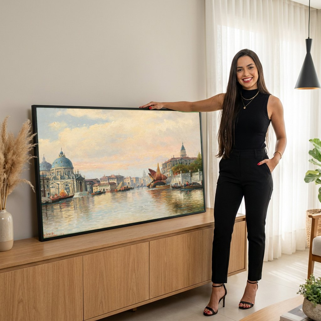 Quadro Decorativo Canal Grande em Veneza - Karl Kaufmann | modelo apresentando o quadro emoldurado