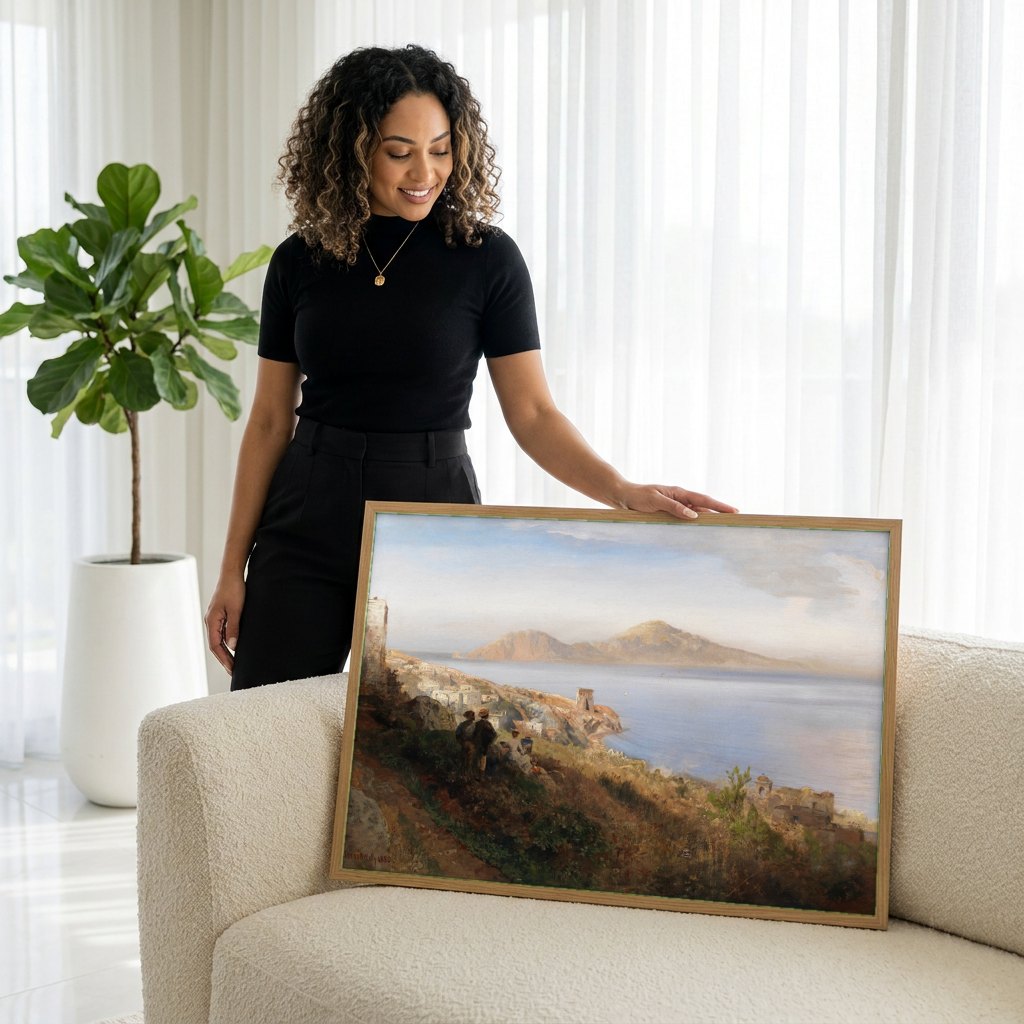 Quadro Decorativo Paisagem Mediterrânea - Oswald Achenbach | modelo apresentando o quadro emoldurado