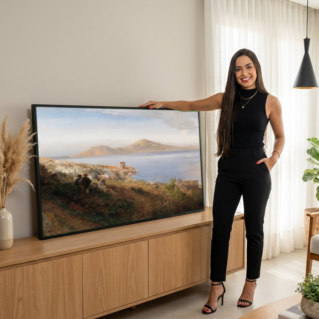 Quadro Decorativo Paisagem Mediterrânea - Oswald Achenbach | modelo apresentando o quadro emoldurado