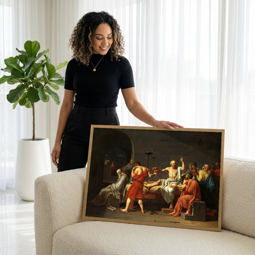 Quadro Decorativo A Morte de Sócrates - Jacques-Louis David | modelo apresentando o quadro emoldurado
