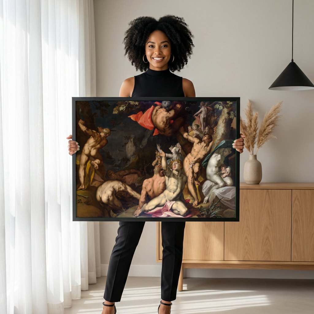 Quadro Decorativo A Queda dos Titãs - Abraham Bloemaert | modelo apresentando o quadro emoldurado