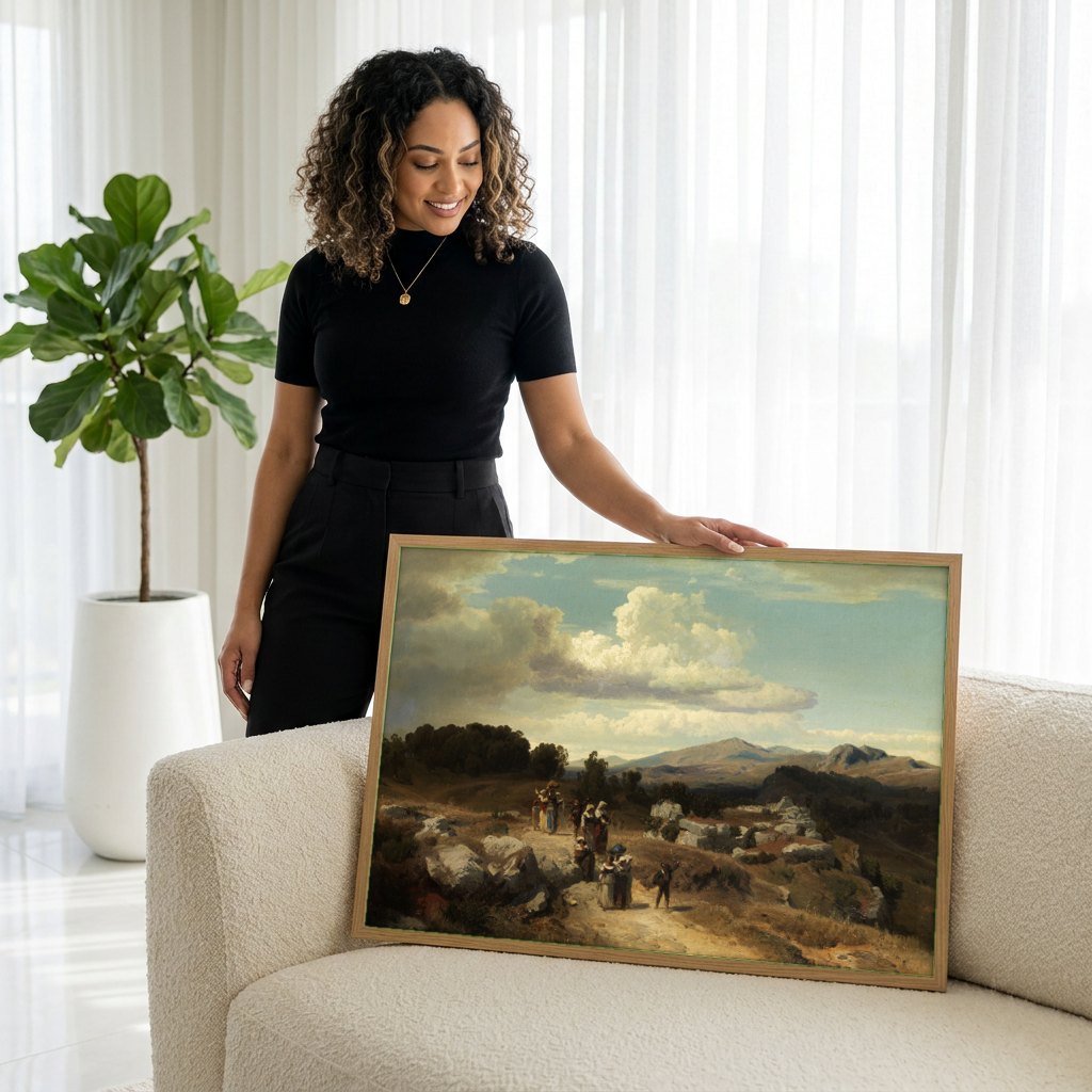 Quadro Decorativo Cena Rural com Caminhantes - O. Achenbach | modelo apresentando o quadro emoldurado