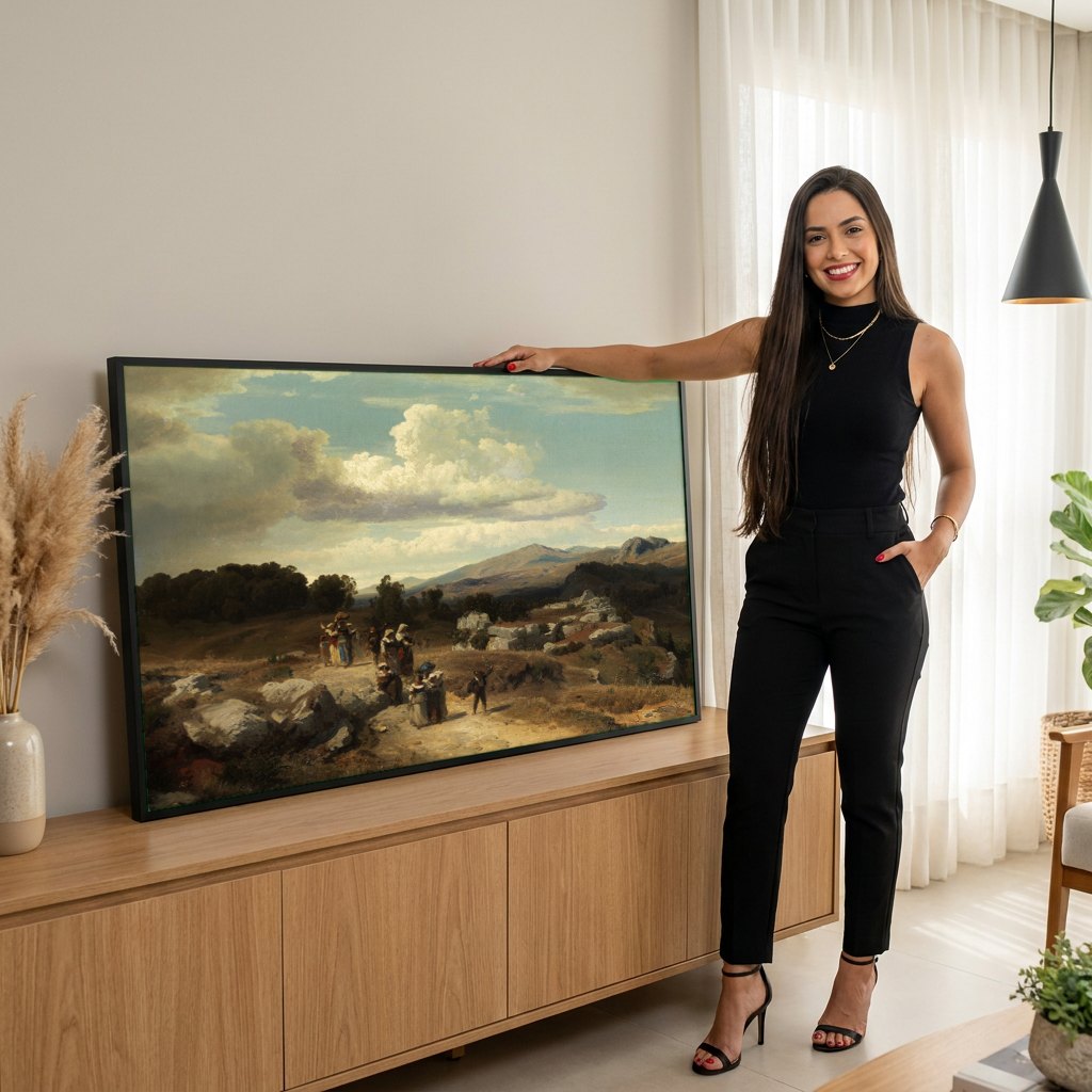 Quadro Decorativo Cena Rural com Caminhantes - O. Achenbach | modelo apresentando o quadro emoldurado