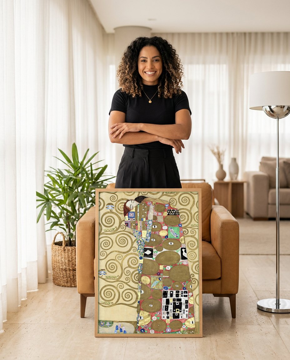 Quadro Decorativo A Árvore da Vida - Gustav Klimt | modelo apresentando o quadro emoldurado