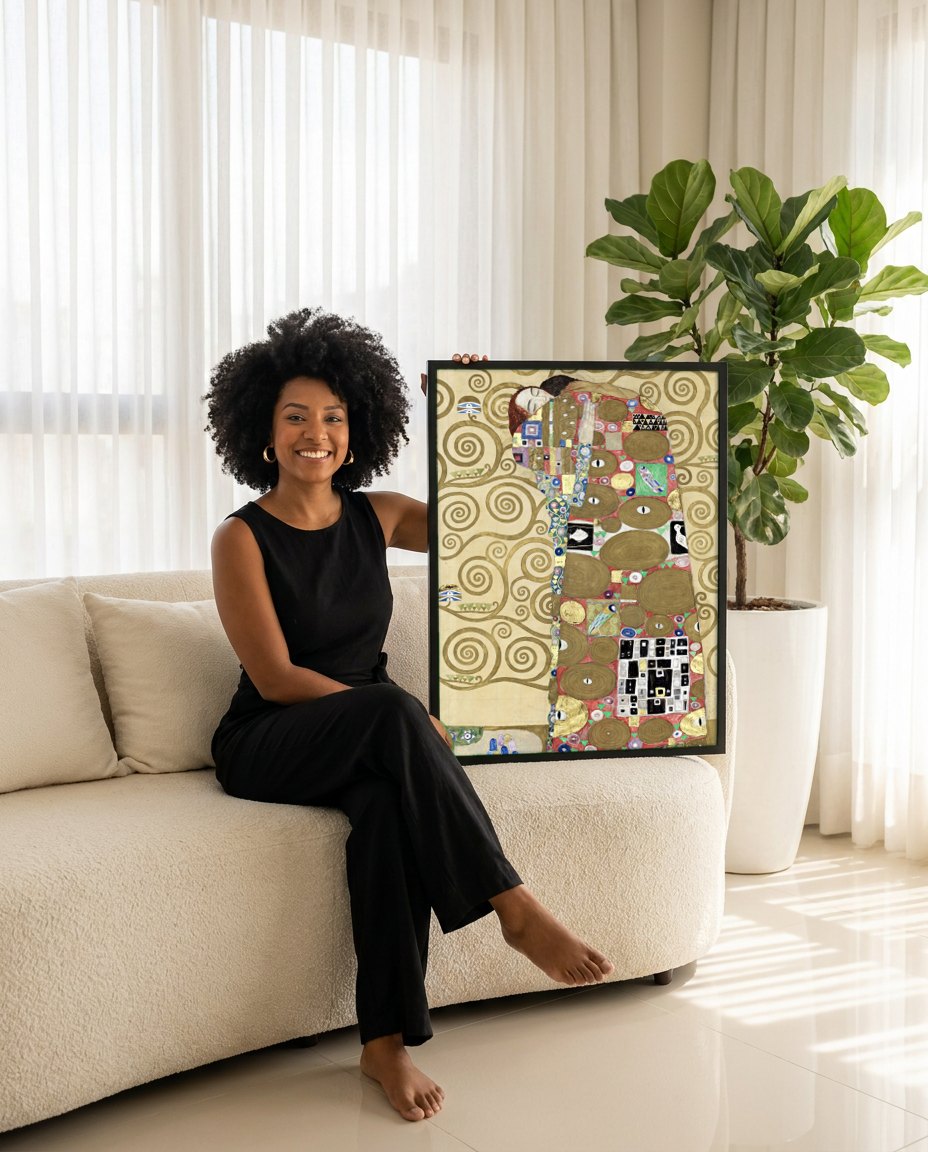 Quadro Decorativo A Árvore da Vida - Gustav Klimt | modelo apresentando o quadro emoldurado