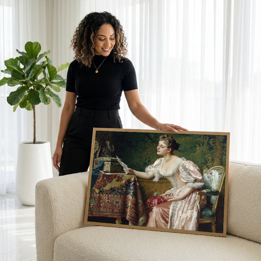 Quadro Decorativo A Leitura da Carta - Wladyslaw Czachórski | modelo apresentando o quadro emoldurado