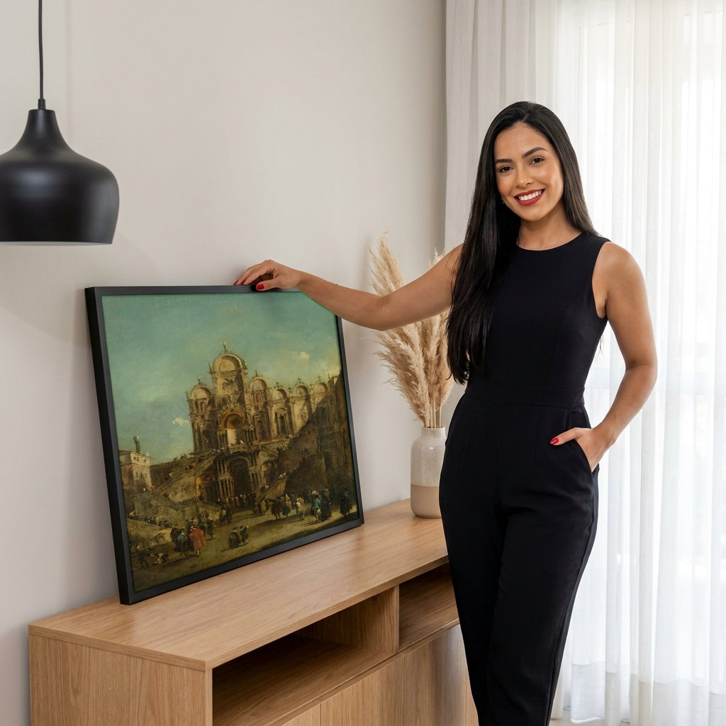 Quadro Decorativo Arquitetura Veneziana - Guardi | modelo apresentando o quadro emoldurado