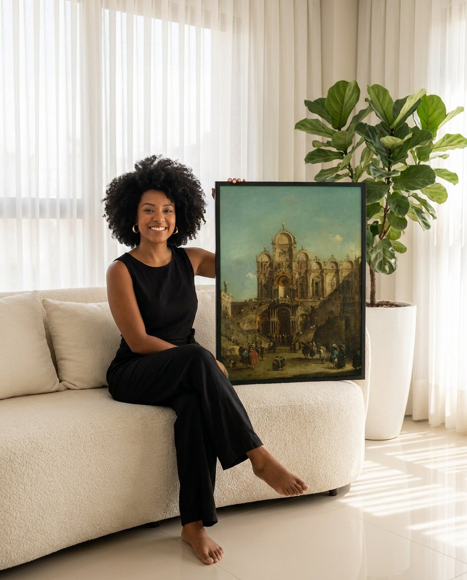 Quadro Decorativo Arquitetura Veneziana - Guardi | modelo apresentando o quadro emoldurado