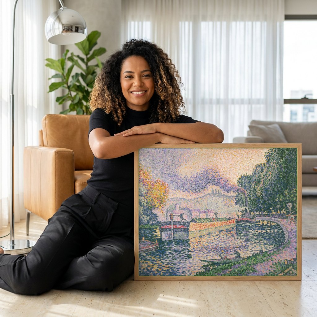 Quadro Decorativo Canal em Veneux-les-Sablons - Paul Signac | modelo apresentando o quadro emoldurado