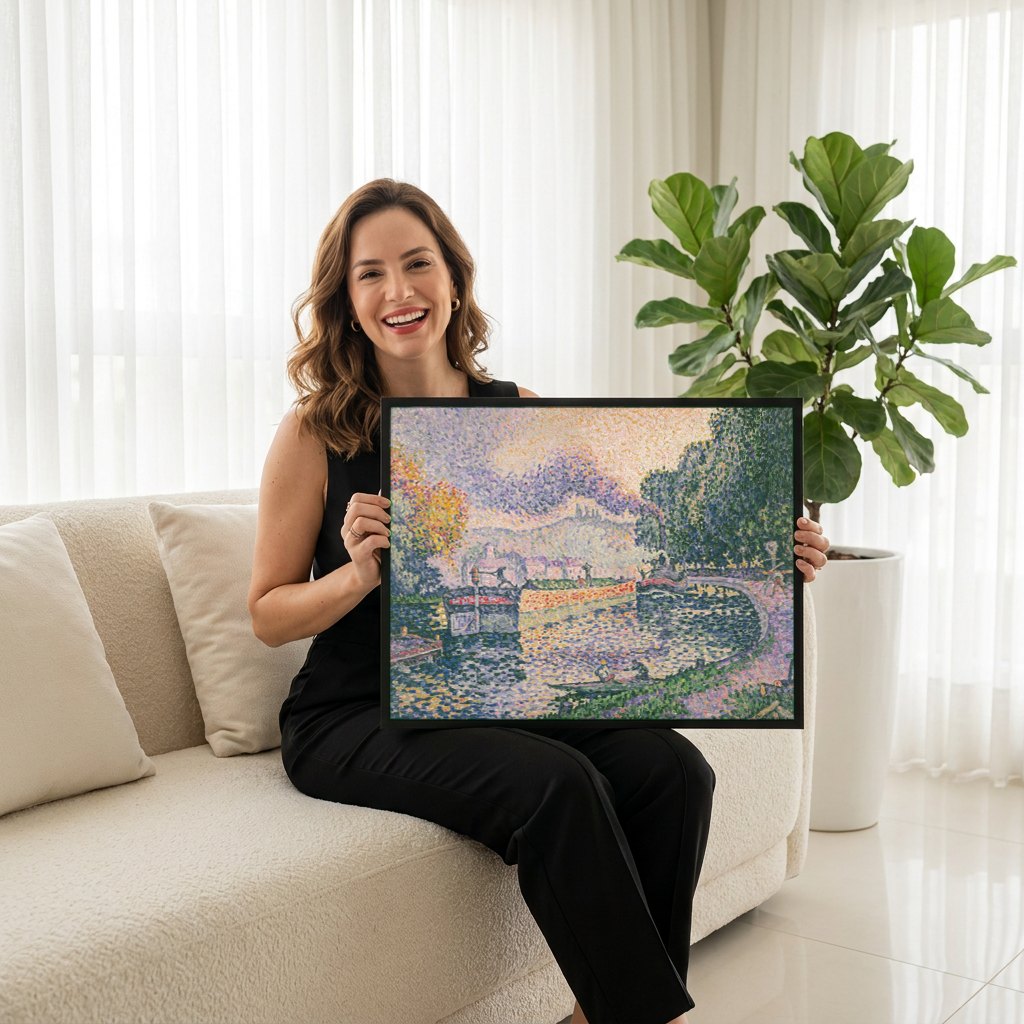 Quadro Decorativo Canal em Veneux-les-Sablons - Paul Signac | modelo apresentando o quadro emoldurado