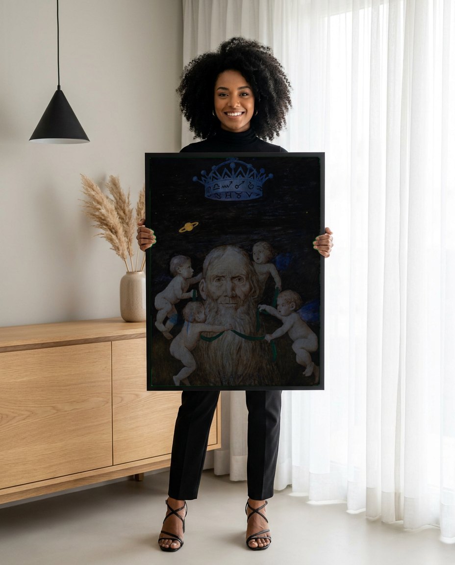 Quadro Decorativo 'Saturno' de Hans Thoma | modelo apresentando o quadro emoldurado