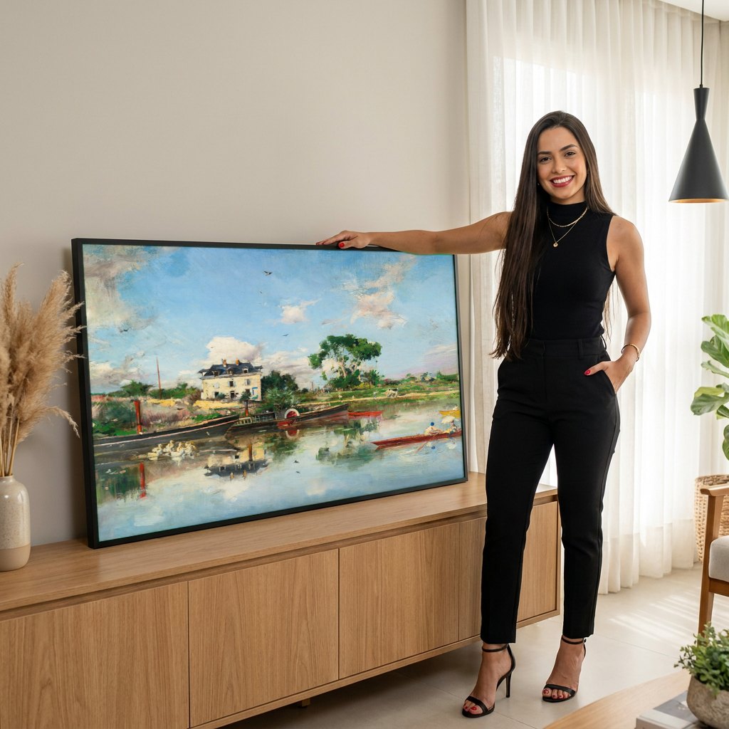 Quadro Decorativo Paisagem Fluvial - Giovanni Boldini | modelo apresentando o quadro emoldurado