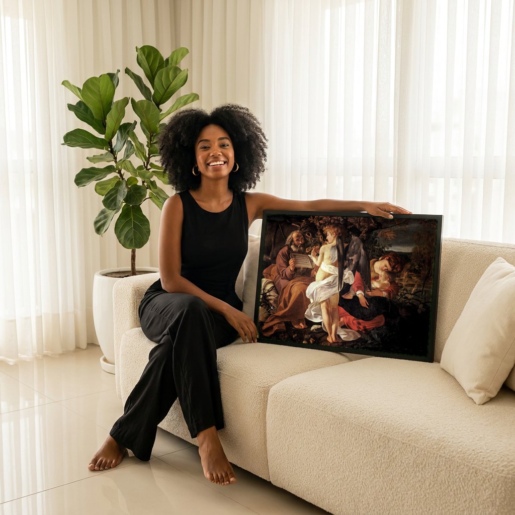 Quadro Decorativo O Repouso na Fuga para o Egito - Caravaggio | modelo apresentando o quadro emoldurado