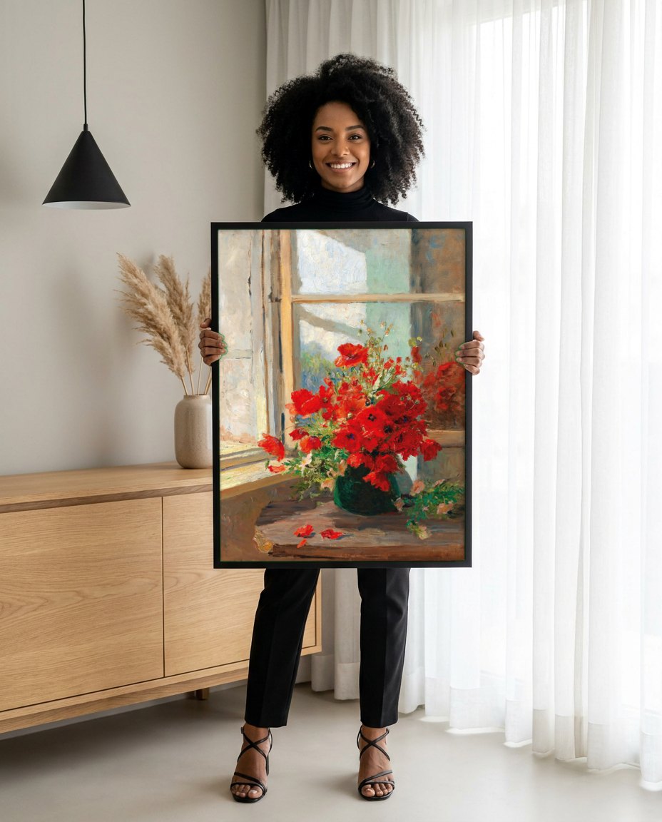 Quadro Decorativo Papoulas à Janela - Olga Wisinger-Florian | modelo apresentando o quadro emoldurado