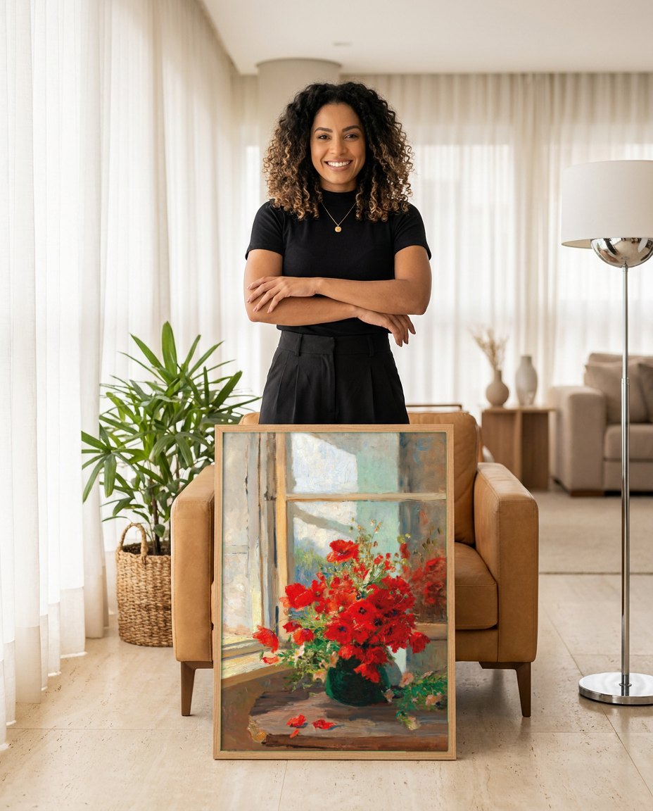 Quadro Decorativo Papoulas à Janela - Olga Wisinger-Florian | modelo apresentando o quadro emoldurado