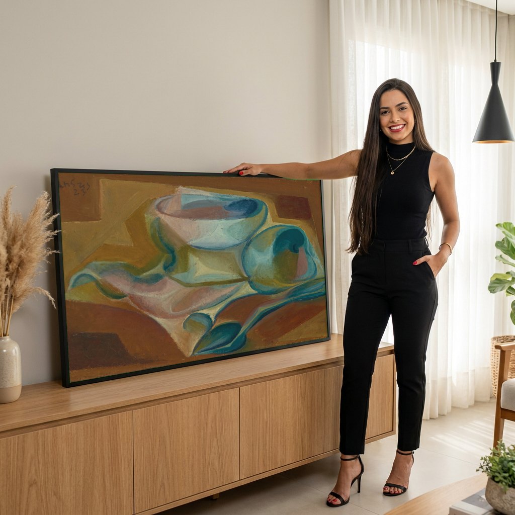 Quadro Decorativo Natureza-Morta Cubista - Juan Gris | modelo apresentando o quadro emoldurado