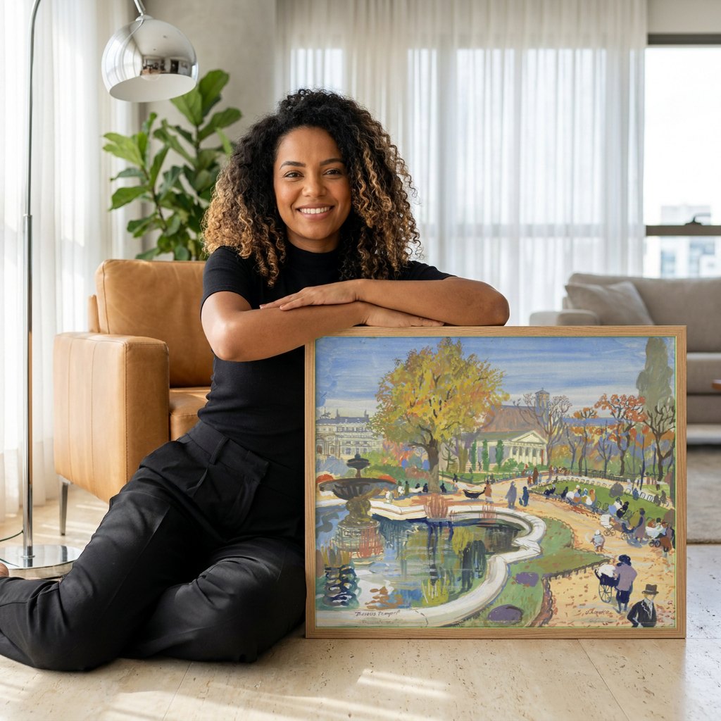 Quadro Decorativo Jardins de Outono - Oskar Laske | modelo apresentando o quadro emoldurado