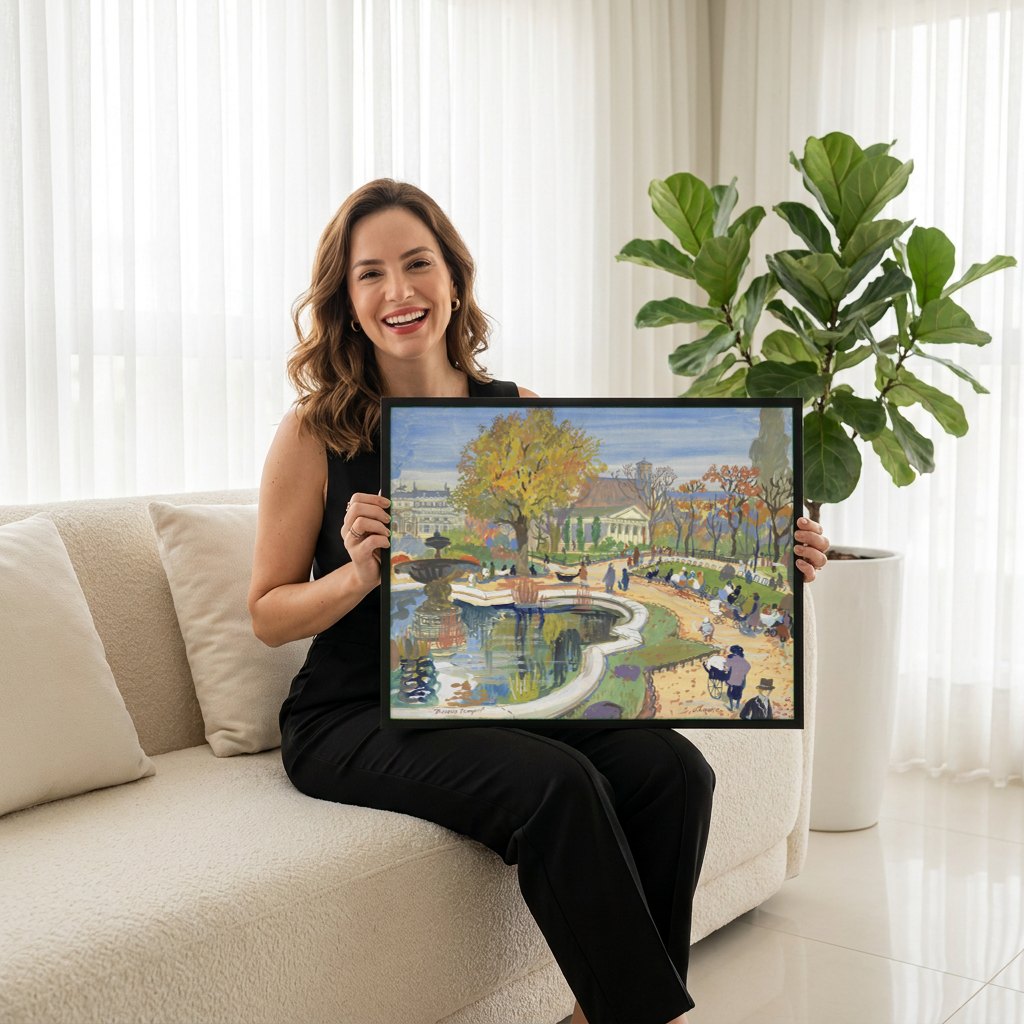 Quadro Decorativo Jardins de Outono - Oskar Laske | modelo apresentando o quadro emoldurado