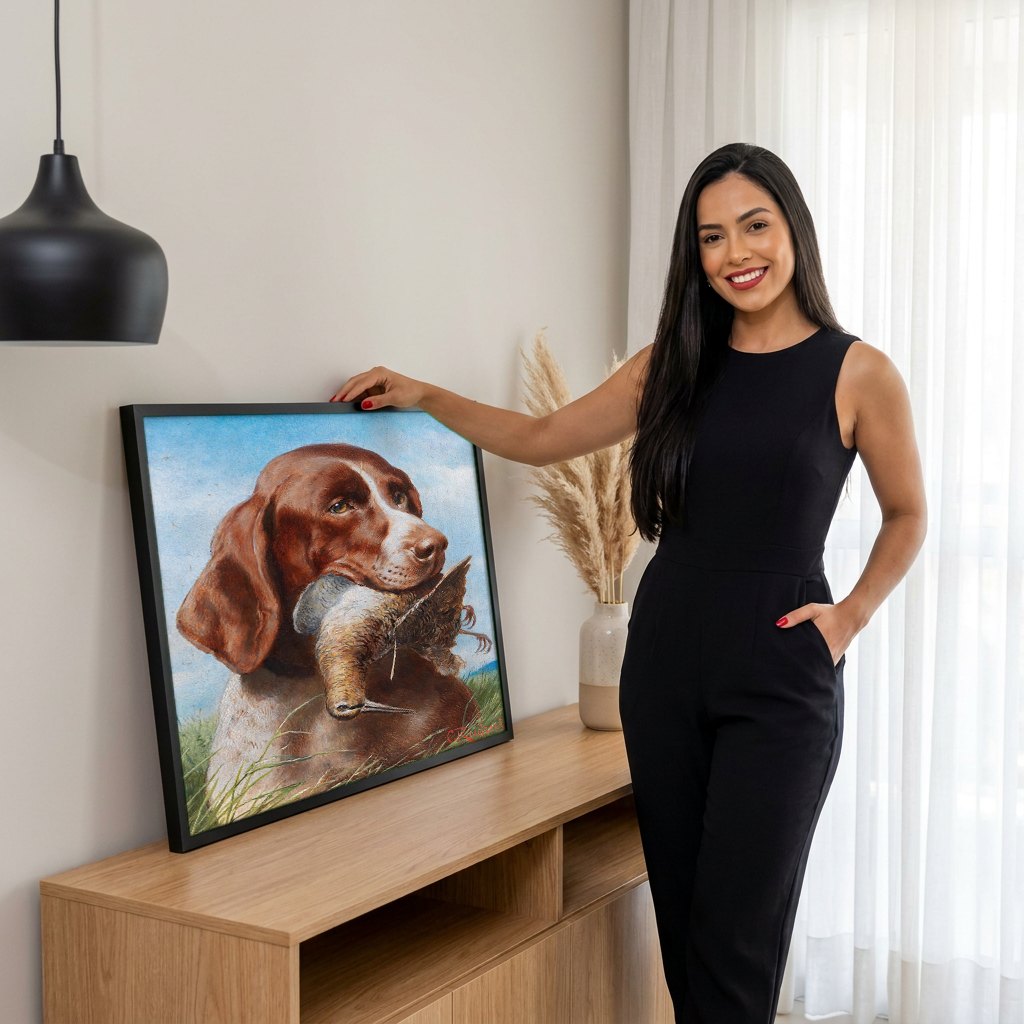 Quadro Decorativo Cão de Caça com Ave - Carl Reichert | modelo apresentando o quadro emoldurado
