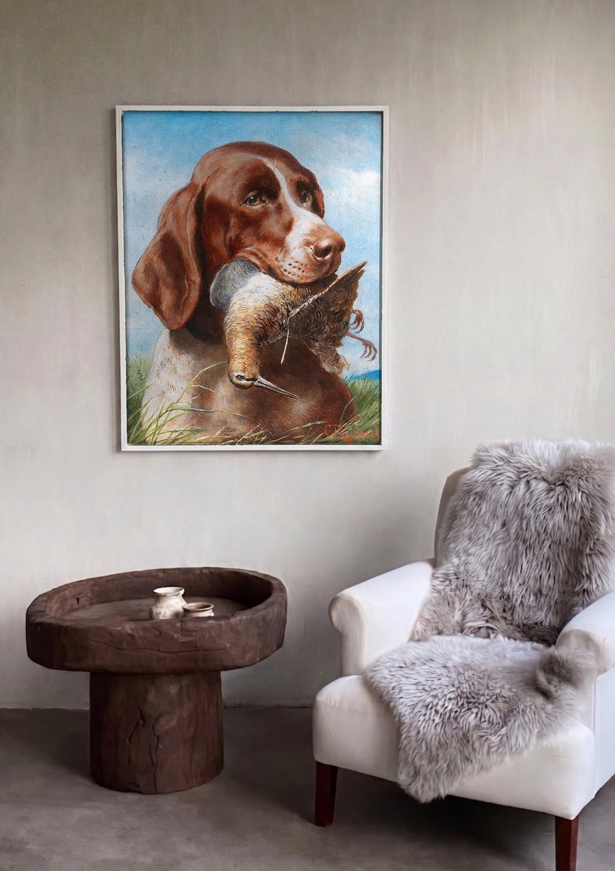 Quadro Decorativo Cão de Caça com Ave - Carl Reichert | quadro emoldurado na parede