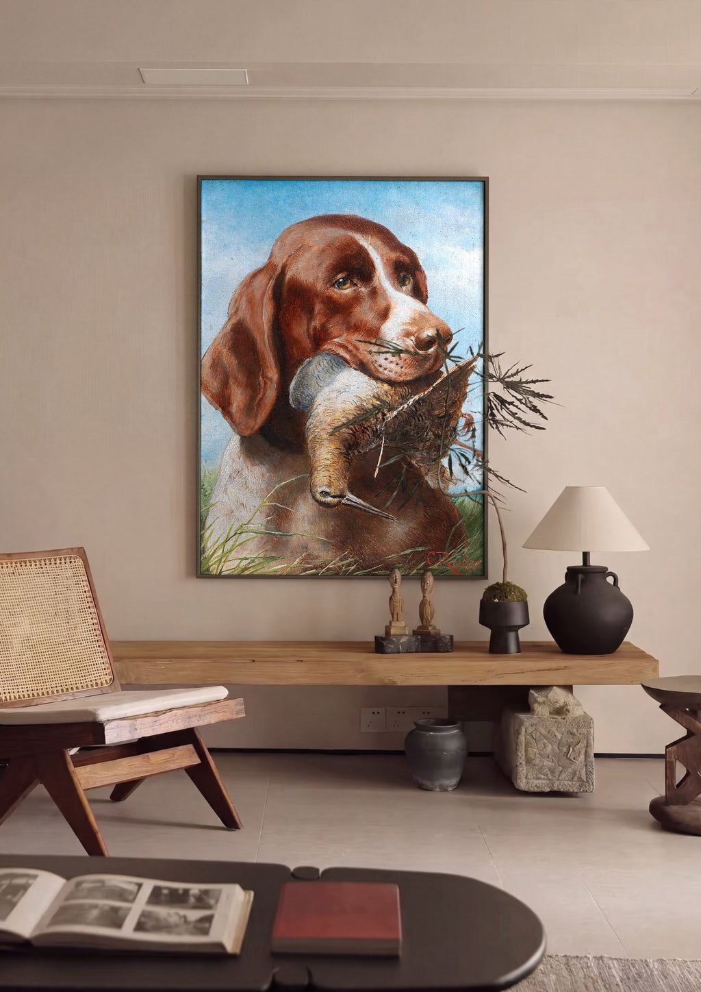 Quadro Decorativo Cão de Caça com Ave - Carl Reichert | quadro emoldurado na parede
