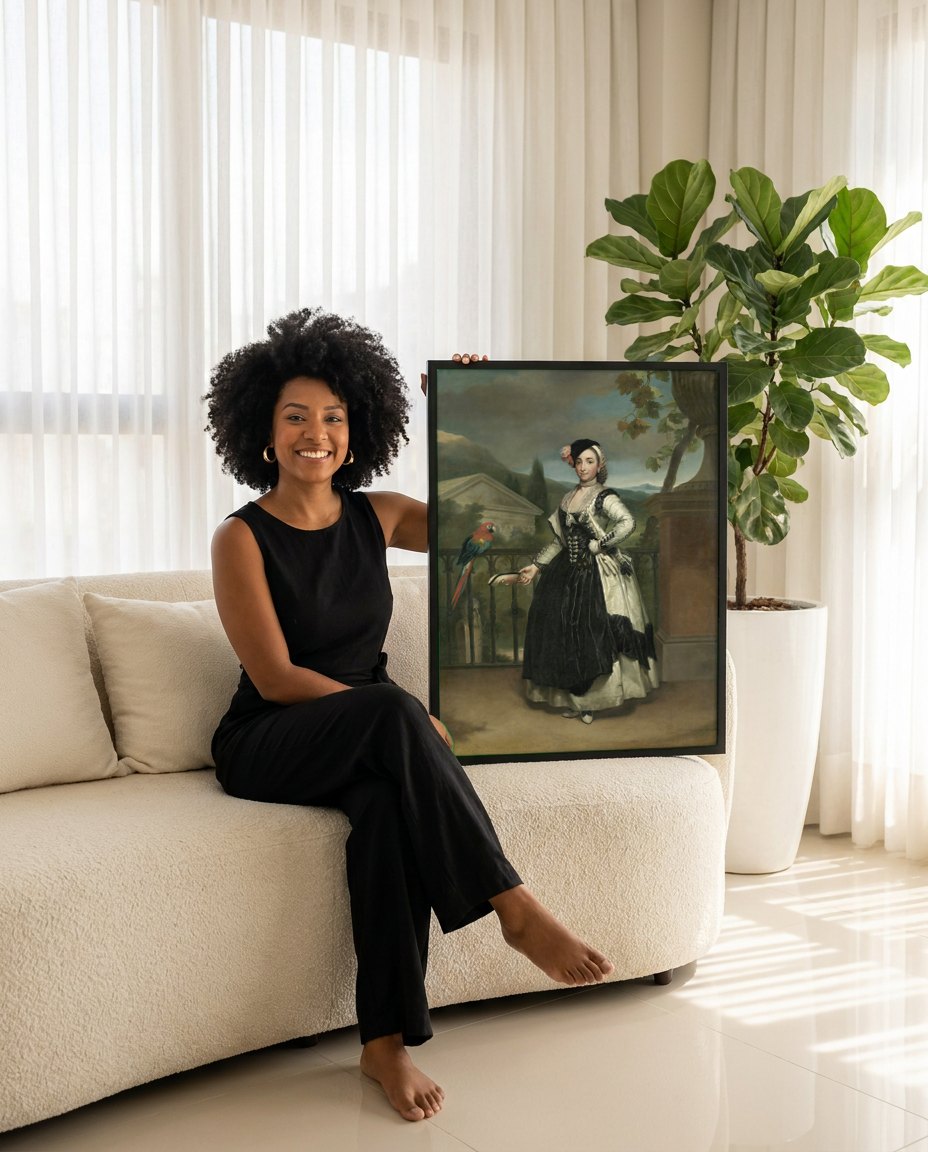 Quadro Decorativo Retrato de Dama com Papagaio - Mengs | modelo apresentando o quadro emoldurado