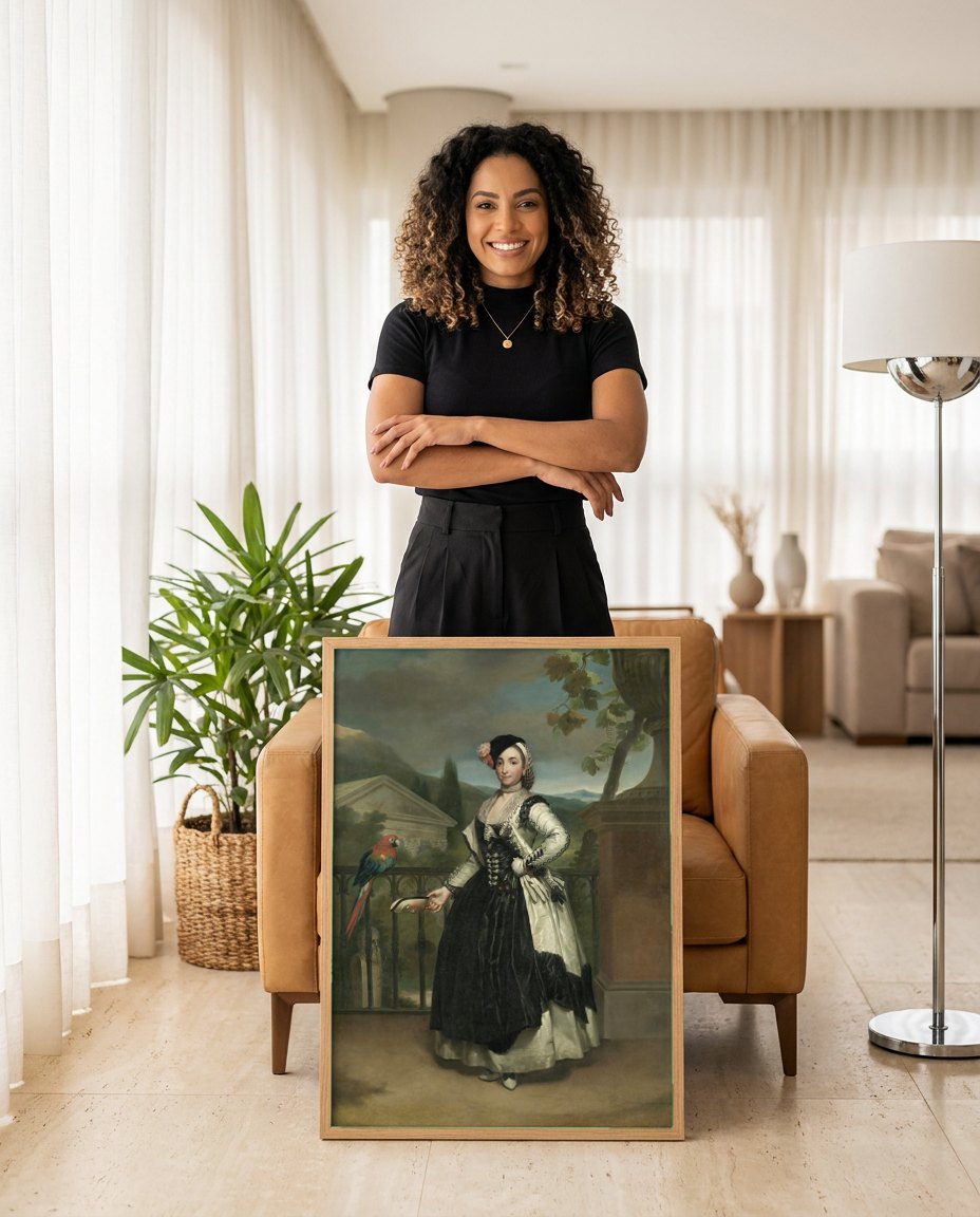 Quadro Decorativo Retrato de Dama com Papagaio - Mengs | modelo apresentando o quadro emoldurado