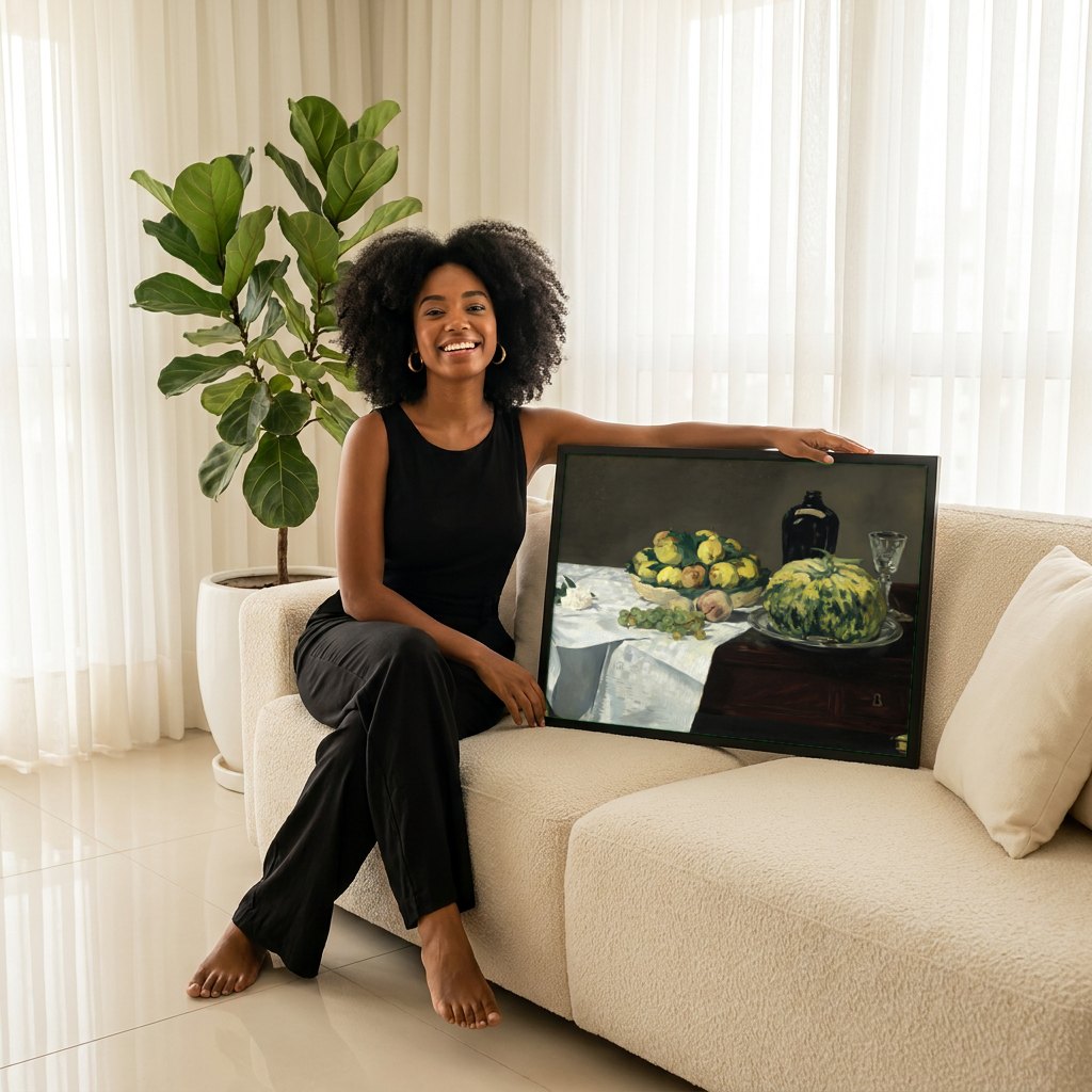 Quadro Decorativo Cesta de Frutas e Melão - Manet | modelo apresentando o quadro emoldurado