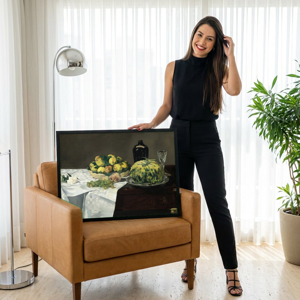 Quadro Decorativo Cesta de Frutas e Melão - Manet | modelo apresentando o quadro emoldurado