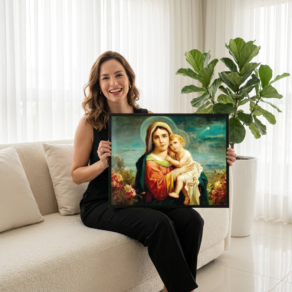 Quadro Decorativo Madona com o Menino - Hans Zatzka | modelo apresentando o quadro emoldurado