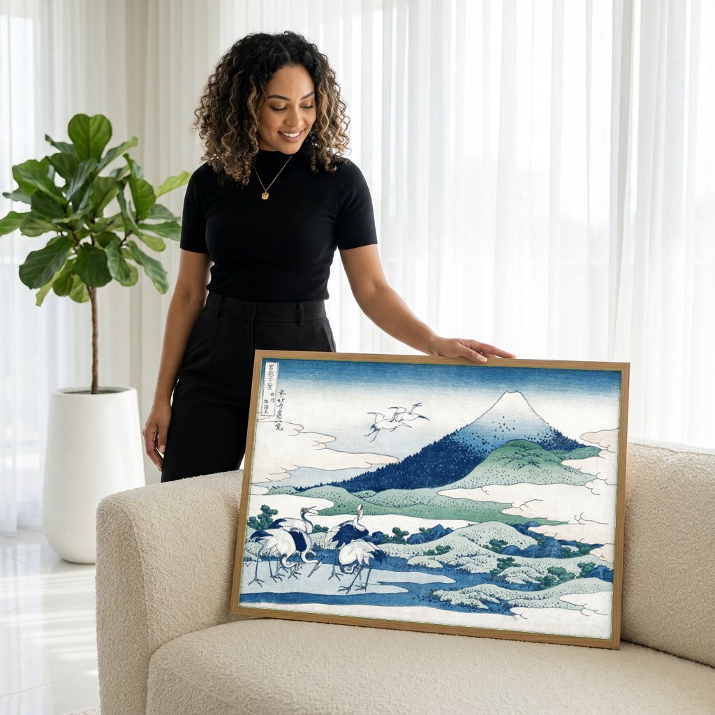 Quadro Decorativo 'As Garças de Umegaoka' - Hokusai | modelo apresentando o quadro emoldurado