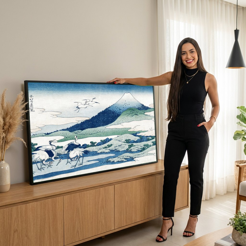 Quadro Decorativo 'As Garças de Umegaoka' - Hokusai | modelo apresentando o quadro emoldurado