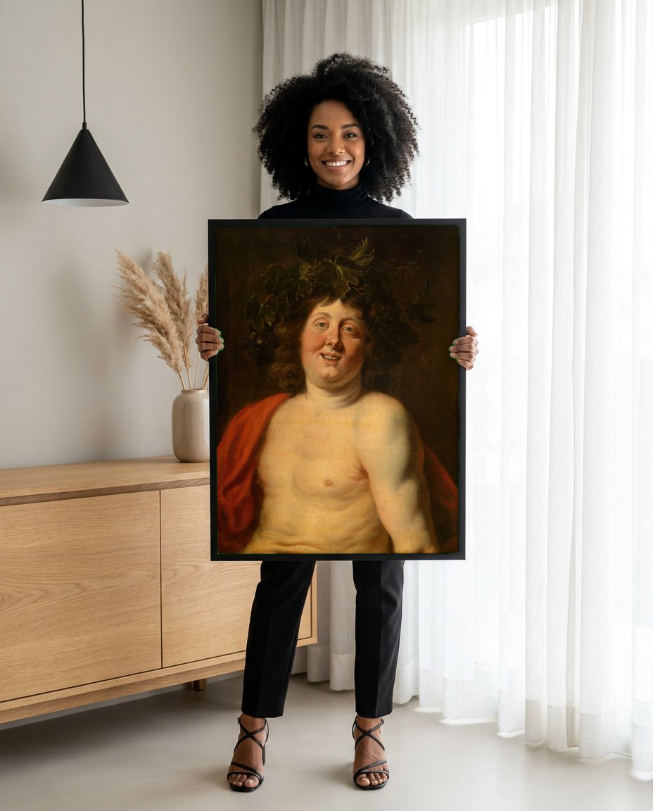 Quadro Decorativo Baco Jovem - Jacob Jordaens | modelo apresentando o quadro emoldurado