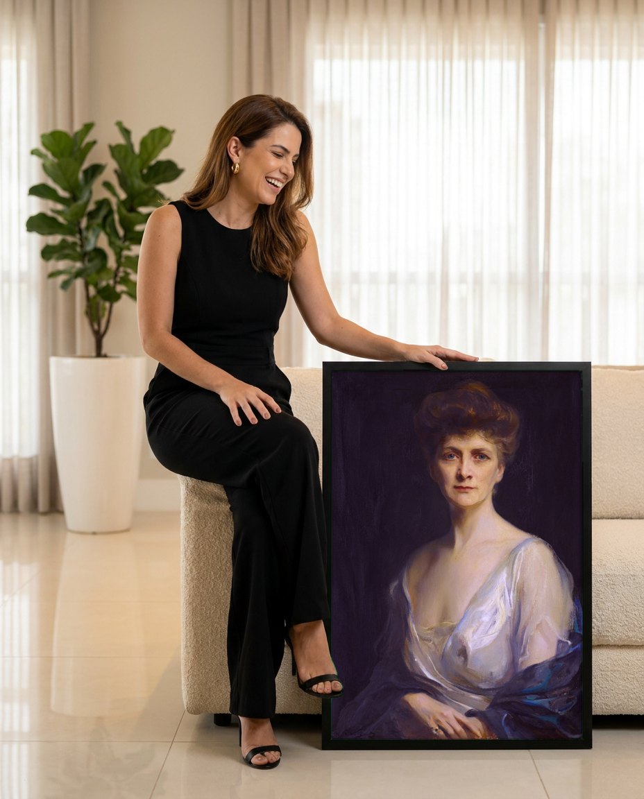 Quadro Decorativo Retrato Feminino Elegante - Philip de László | modelo apresentando o quadro emoldurado