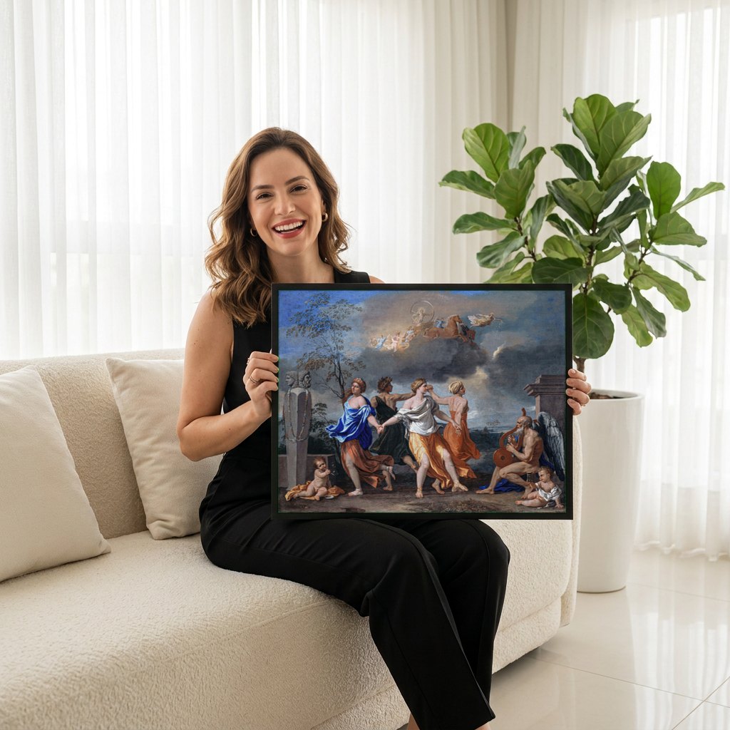 Quadro Decorativo A Dança da Vida Humana - Nicolas Poussin | modelo apresentando o quadro emoldurado
