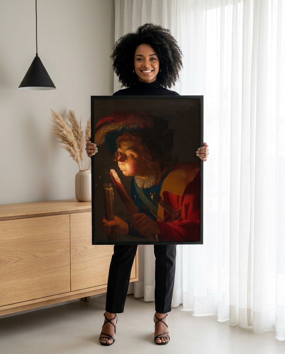 Quadro Decorativo Jovem Soprando uma Brasa - Gerard van Honthorst | modelo apresentando o quadro emoldurado