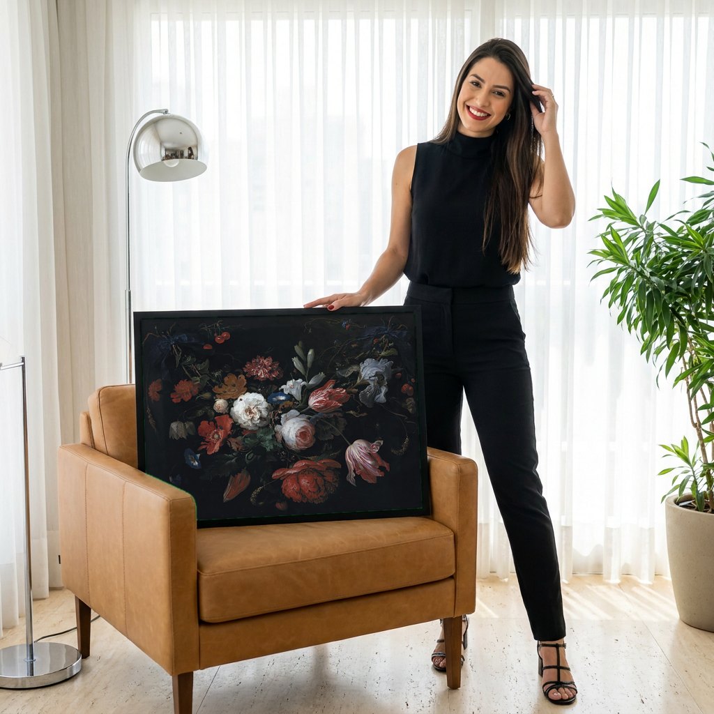 Quadro Decorativo Cesta de Flores - Abraham Mignon | modelo apresentando o quadro emoldurado