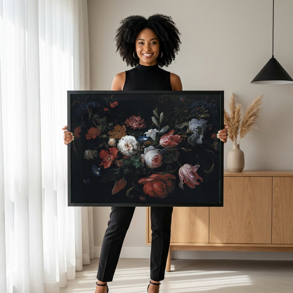 Quadro Decorativo Cesta de Flores - Abraham Mignon | modelo apresentando o quadro emoldurado