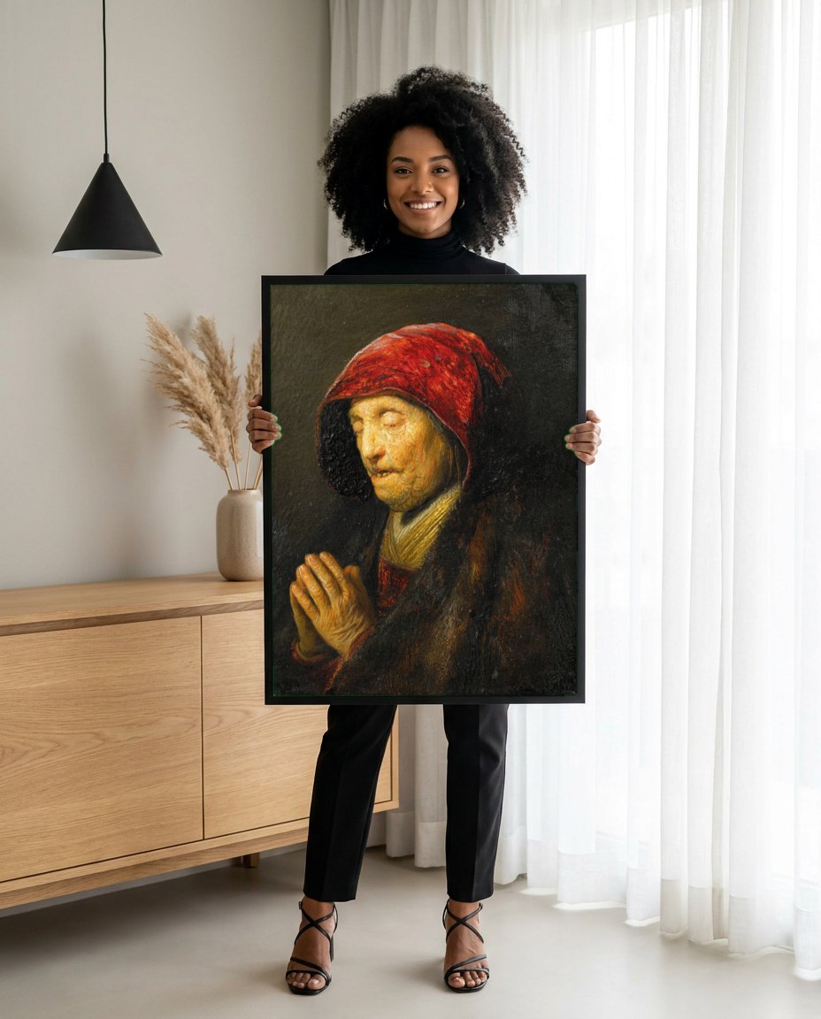 Quadro Decorativo A Mulher Orando - Rembrandt | modelo apresentando o quadro emoldurado