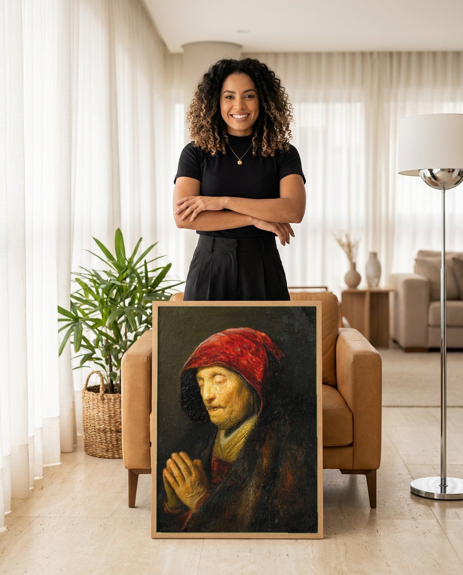 Quadro Decorativo A Mulher Orando - Rembrandt | modelo apresentando o quadro emoldurado