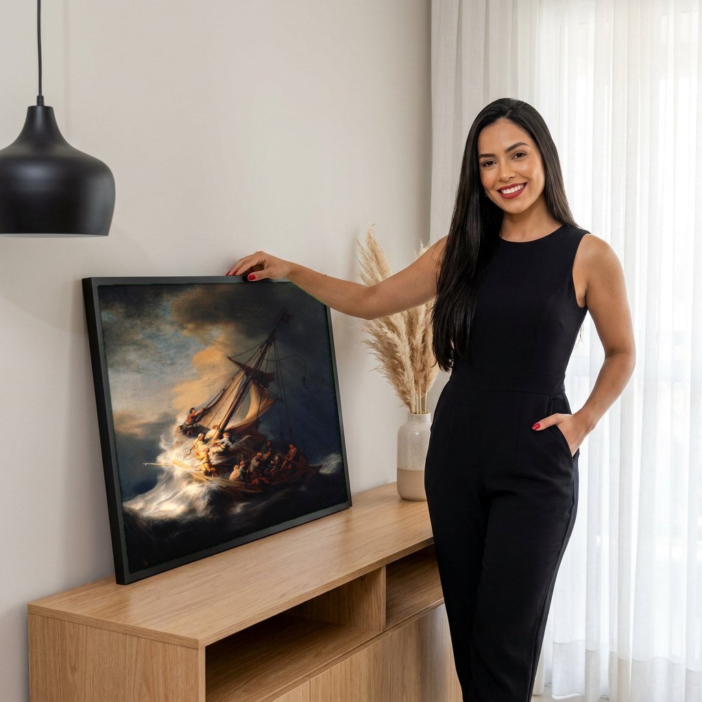 Quadro Decorativo A Tempestade no Mar da Galileia - Rembrandt | modelo apresentando o quadro emoldurado